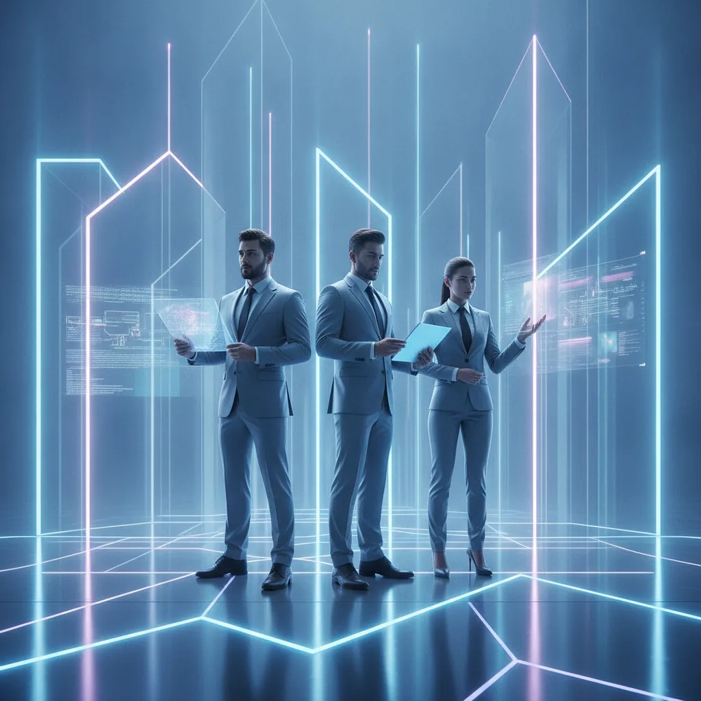 Sleek futuristic corporate aesthetic, confident innovative mood, crisp