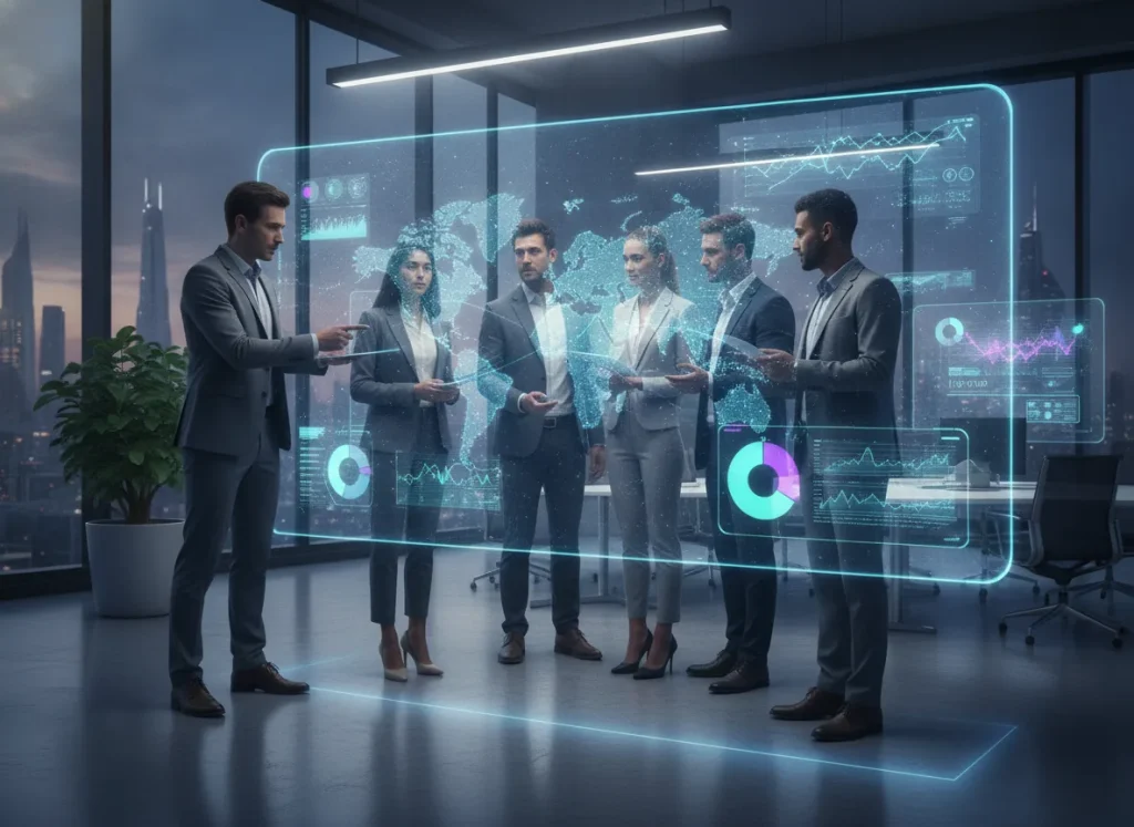 professional business team collaborating around digital screens and