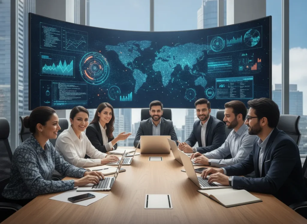 Professional business technology team in Pakistan collaborating on