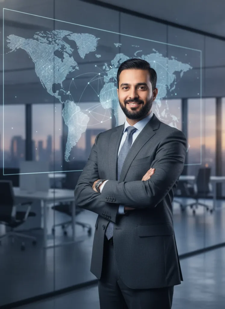 Professional portrait-style business photo of a Pakistani technology